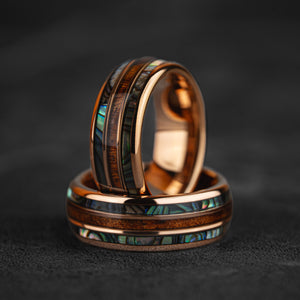 AEGIR -Abalone & Whiskey Barrel Tungsten Ring in Rose Gold