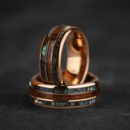 AEGIR -Abalone & Whiskey Barrel Tungsten Ring in Rose Gold