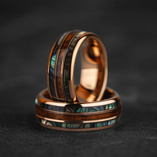 AEGIR -Abalone & Whiskey Barrel Tungsten Ring in Rose Gold
