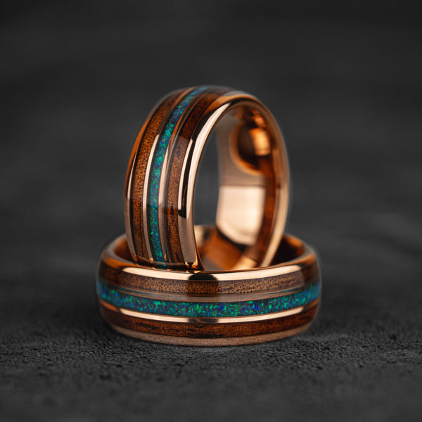 Velvet Ivy - Green Opal & Whiskey Barrel Light Rose Gold Tungsten Ring