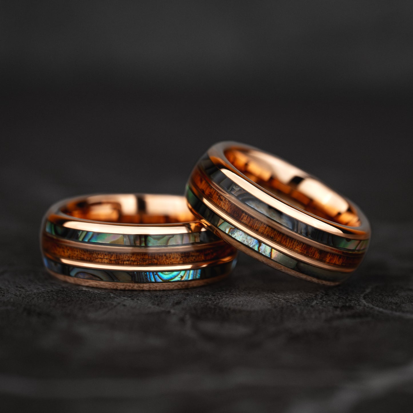 AEGIR -Abalone & Whiskey Barrel Tungsten Ring in Rose Gold