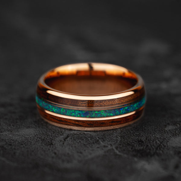 Velvet Ivy - Green Opal & Whiskey Barrel Light Rose Gold Tungsten Ring