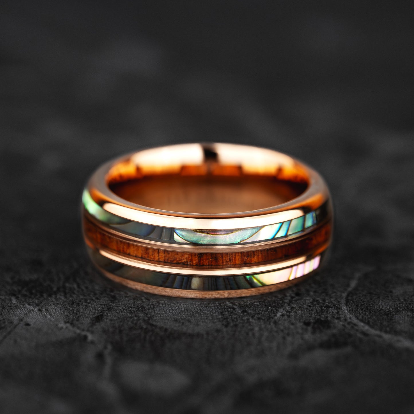 AEGIR -Abalone & Whiskey Barrel Tungsten Ring in Rose Gold