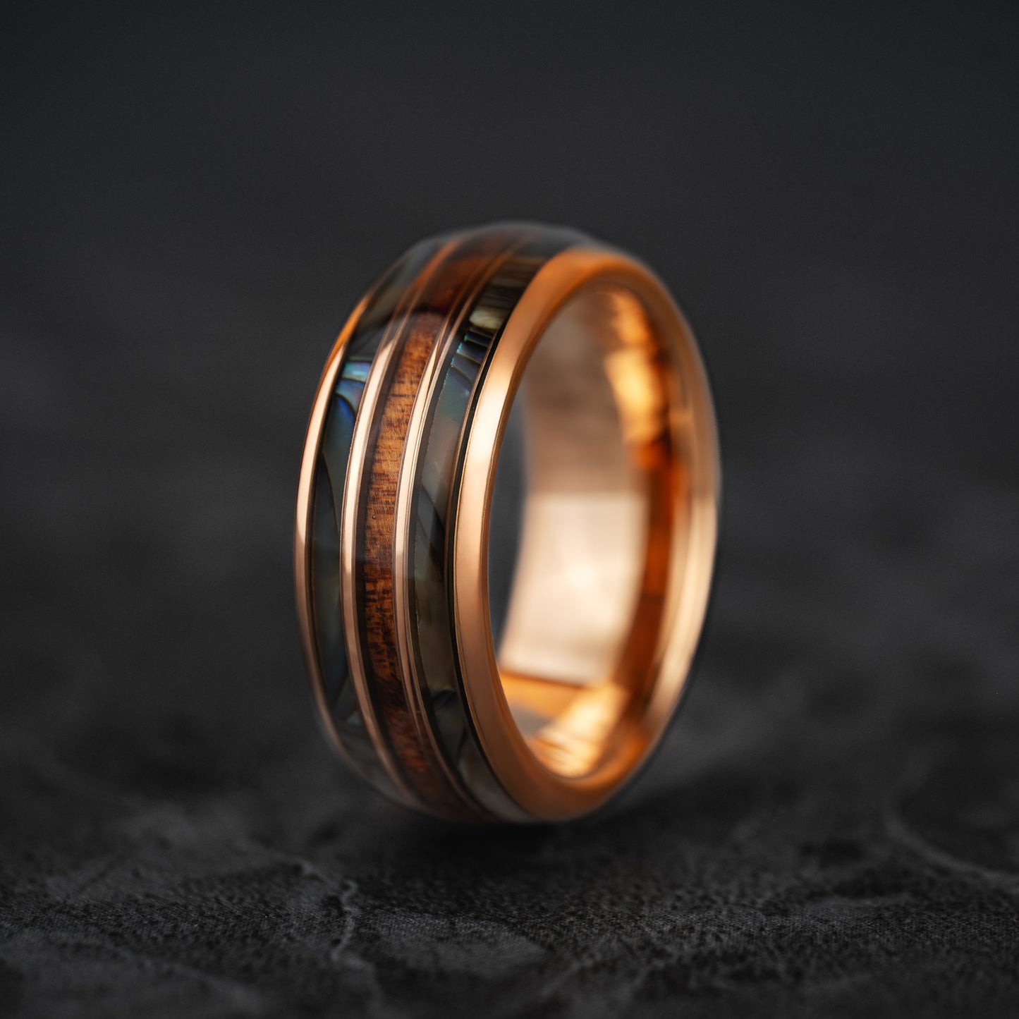 AEGIR -Abalone & Whiskey Barrel Tungsten Ring in Rose Gold