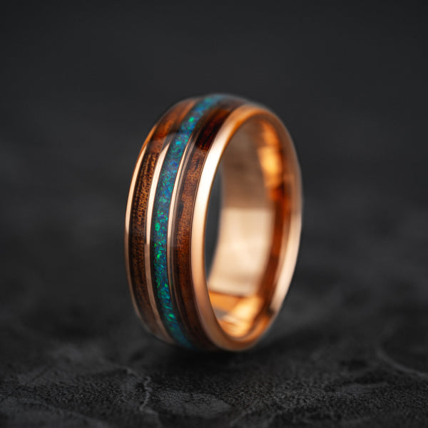 Velvet Ivy - Green Opal & Whiskey Barrel Light Rose Gold Tungsten Ring