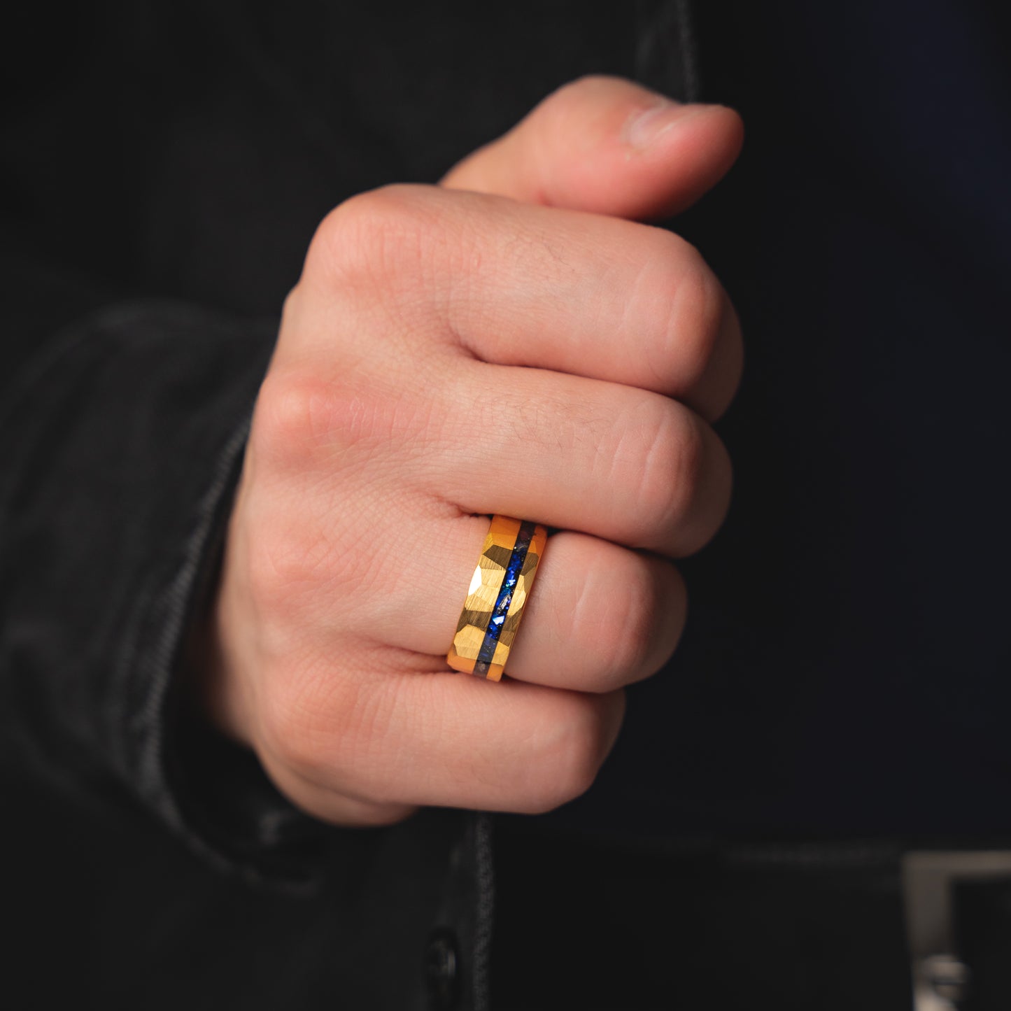 POSEIDON - Blue Sapphire Hammered Yellow Gold Tungsten Ring