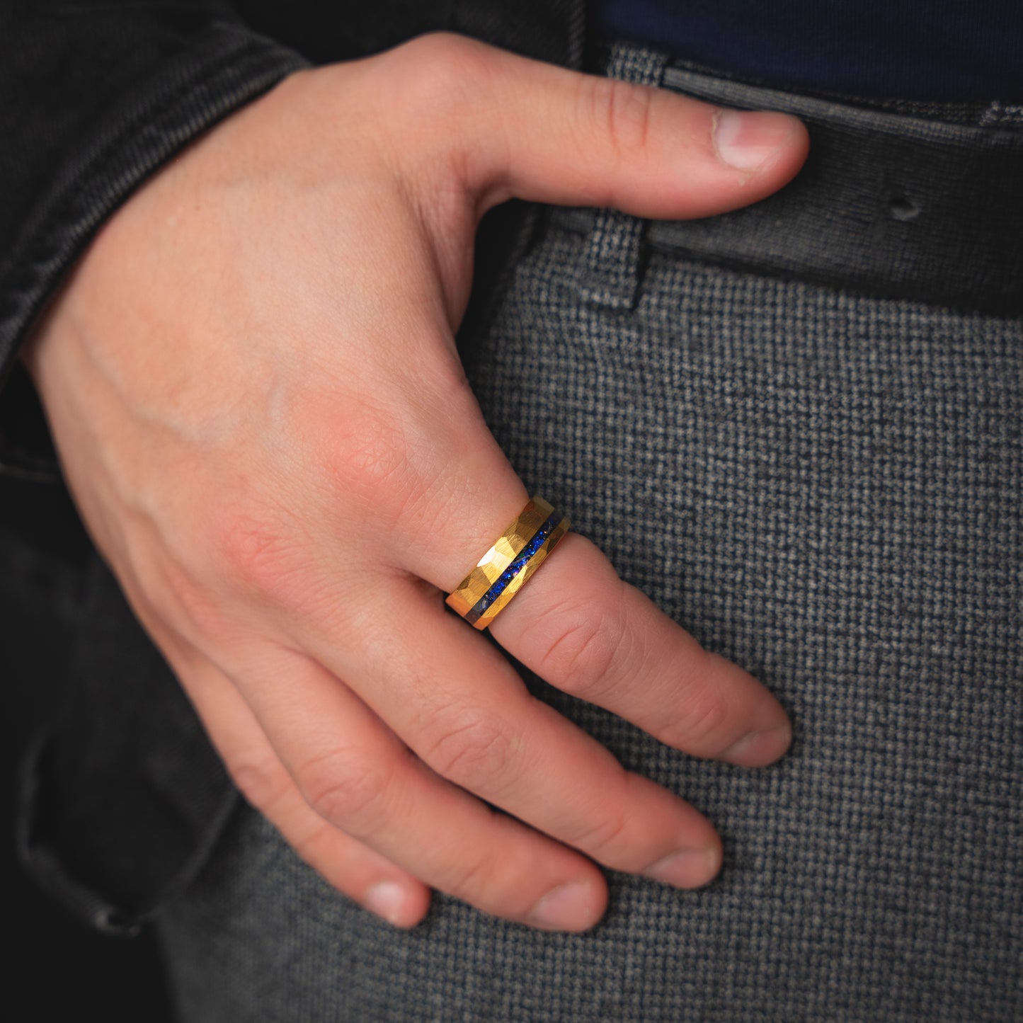 POSEIDON - Blue Sapphire Hammered Yellow Gold Tungsten Ring