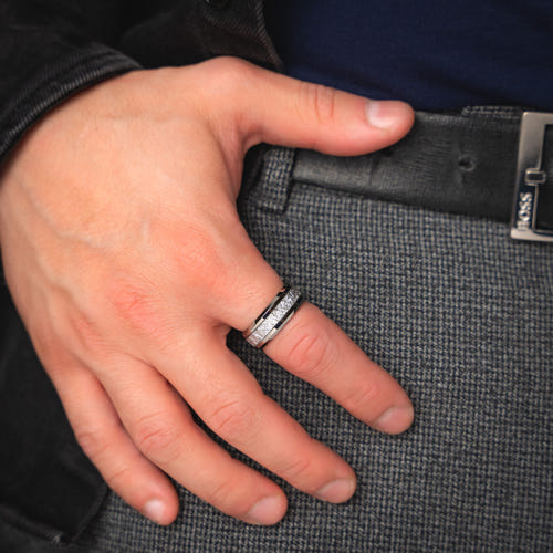 STELLAR VEIN - Silver Tungsten Meteorite Wedding Ring