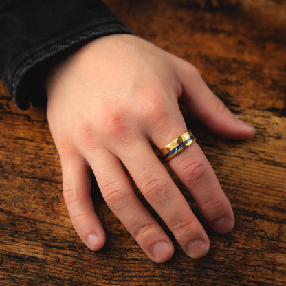 POSEIDON - Blue Sapphire Hammered Yellow Gold Tungsten Ring