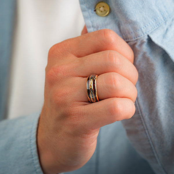 AURORA FORGE – Dark Red Opal Meteorite Tungsten Ring with 24K Gold Flakes