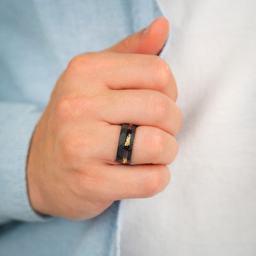 CRIMSON PROMISE - Luxury Damascus Steel Men’s Ring with Red Opal & Gold Flake Inlay