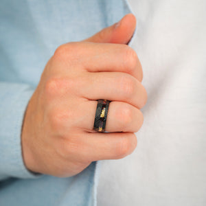 CRIMSON PROMISE - Luxury Damascus Steel Men’s Ring with Red Opal & Gold Flake Inlay