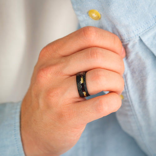 CRIMSON PROMISE - Luxury Damascus Steel Men’s Ring with Red Opal & Gold Flake Inlay