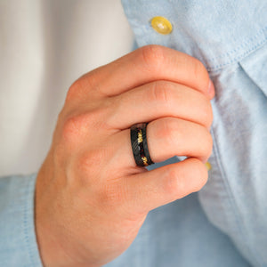 CRIMSON PROMISE - Luxury Damascus Steel Men’s Ring with Red Opal & Gold Flake Inlay