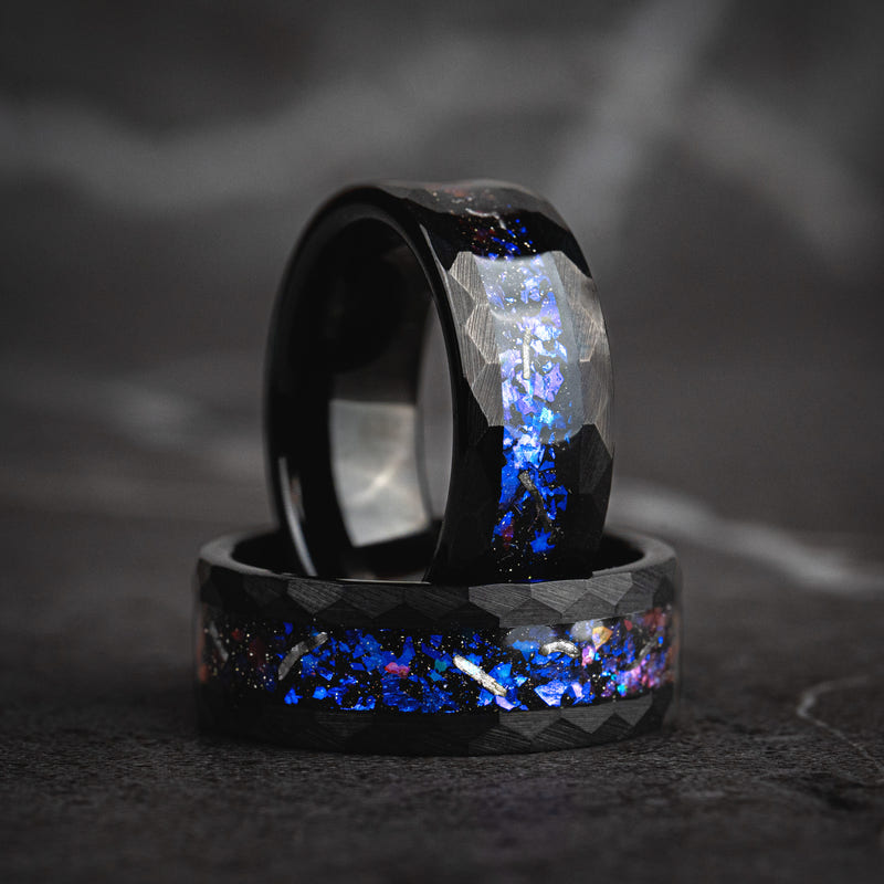CELESTIAL CORE - Galaxy Hammered Black Tungsten Ring