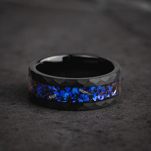 CELESTIAL CORE - Galaxy Hammered Black Tungsten Ring