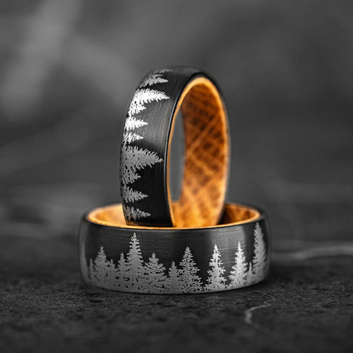 HIDDEN FOREST SET - Whiskey Barrel Wood Tungsten Couple Rings