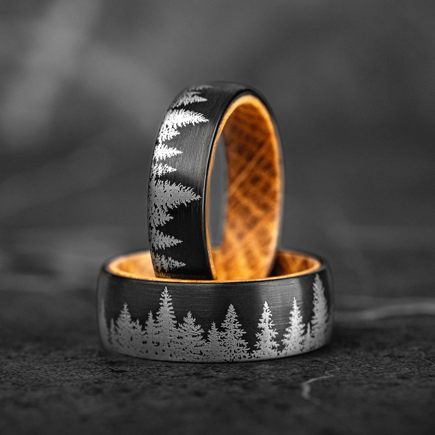 HIDDEN FOREST SET - Whiskey Barrel Wood Tungsten Couple Rings