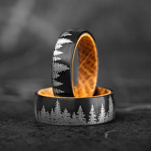 HIDDEN FOREST SET - Whiskey Barrel Wood Tungsten Couple Rings