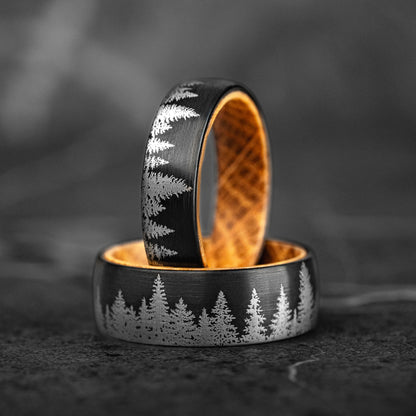 HIDDEN FOREST SET - Whiskey Barrel Wood Tungsten Couple Rings