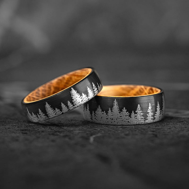 HIDDEN FOREST SET - Whiskey Barrel Wood Tungsten Couple Rings