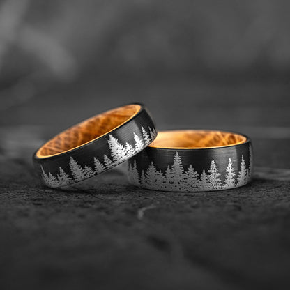 HIDDEN FOREST SET - Whiskey Barrel Wood Tungsten Couple Rings