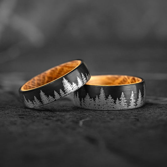 HIDDEN FOREST SET - Whiskey Barrel Wood Tungsten Couple Rings