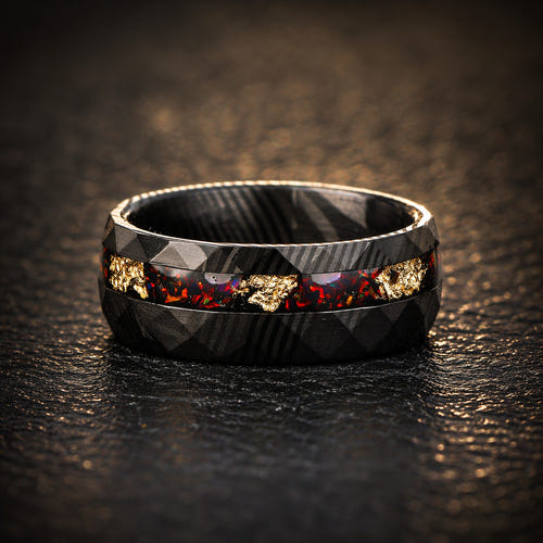 CRIMSON PROMISE - Luxury Damascus Steel Men’s Ring with Red Opal & Gold Flake Inlay