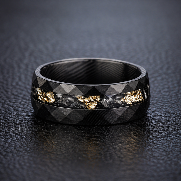 AURUM METEORA - Damascus Steel Ring with Gold Leaf & Meteorite Flakes