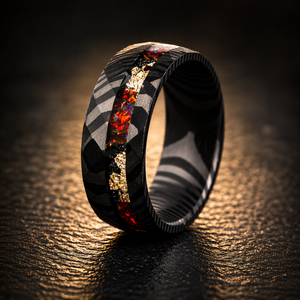 CRIMSON PROMISE - Luxury Damascus Steel Men’s Ring with Red Opal & Gold Flake Inlay