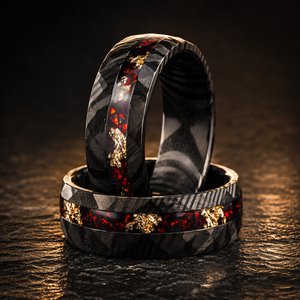 CRIMSON PROMISE - Luxury Damascus Steel Men’s Ring with Red Opal & Gold Flake Inlay