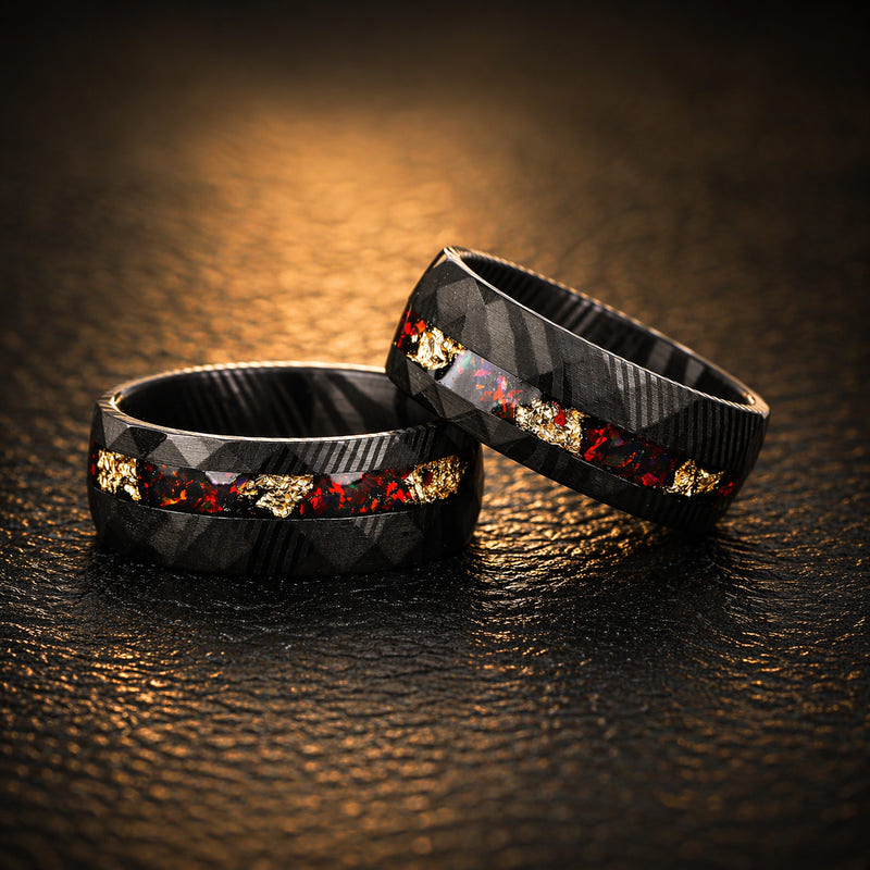 CRIMSON PROMISE - Luxury Damascus Steel Men’s Ring with Red Opal & Gold Flake Inlay