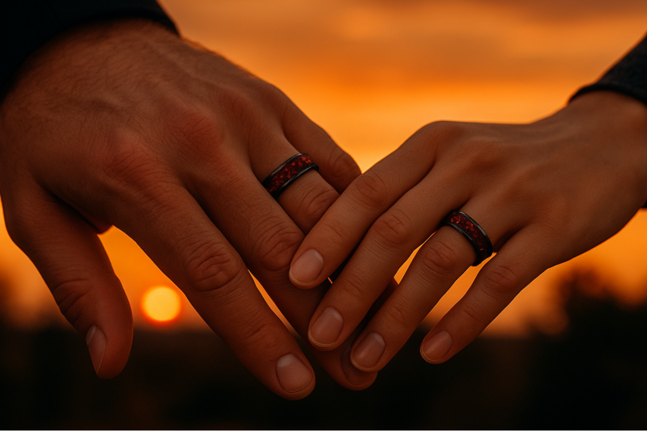 Two hands holding each other against a sunset sky
