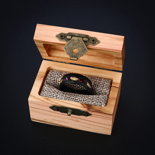 CRIMSON PROMISE - Luxury Damascus Steel Men’s Ring with Red Opal & Gold Flake Inlay