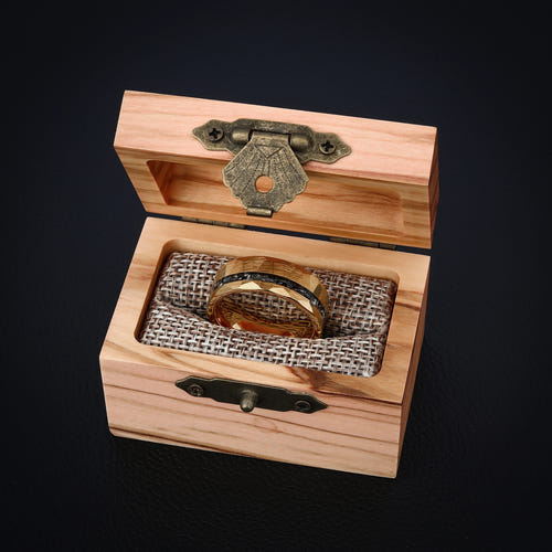 TITAN VEIN - Bague en tungstène doré martelé avec incrustation d'obsidienne noire