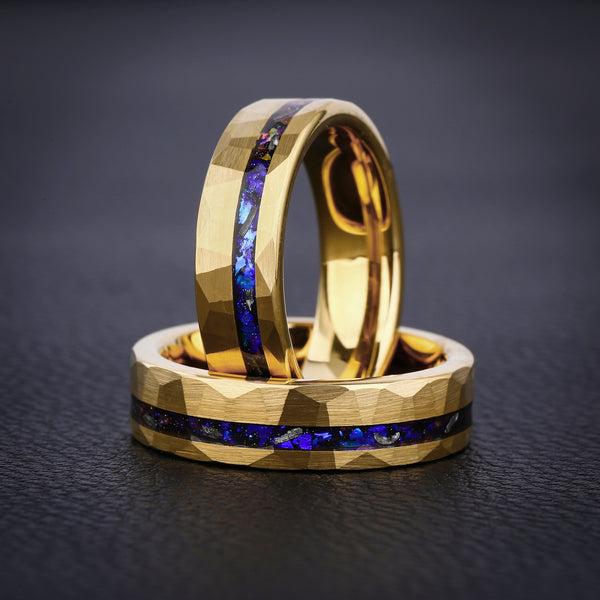 POSEIDON 6mm - Blue Sapphire Hammered Yellow Gold Tungsten Ring