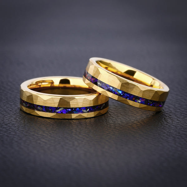 POSEIDON 6mm - Blue Sapphire Hammered Yellow Gold Tungsten Ring