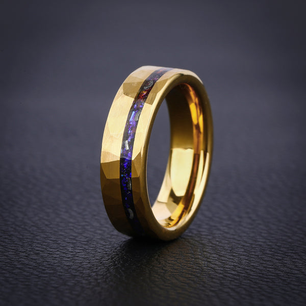 POSEIDON 6mm - Blue Sapphire Hammered Yellow Gold Tungsten Ring