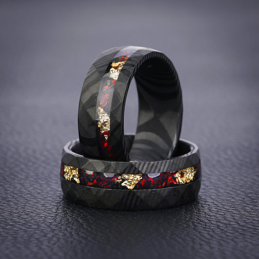 CRIMSON PROMISE - Luxury Damascus Steel Men’s Ring with Red Opal & Gold Flake Inlay