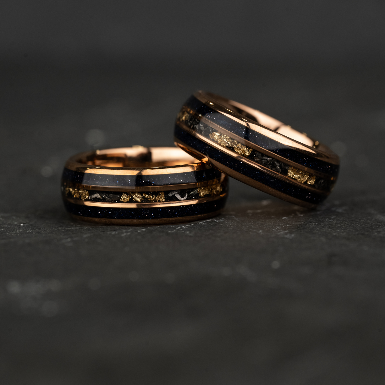 BLUES NIGHTS - Blue Opal Meteorite Tungsten Ring, 24K Rose Gold Leaf Inlay Mens Wedding Band