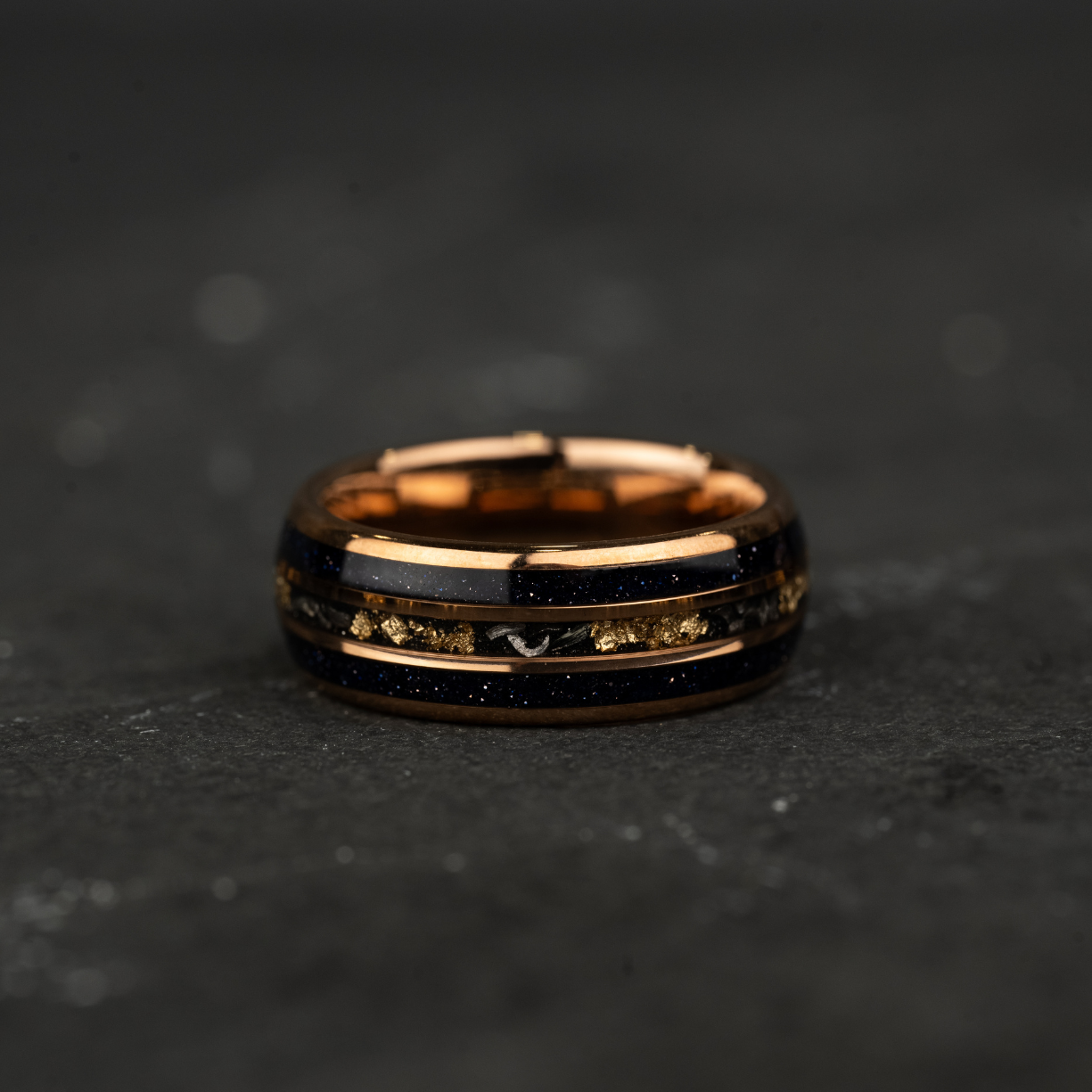 BLUES NIGHTS - Blue Opal Meteorite Tungsten Ring, 24K Rose Gold Leaf Inlay Mens Wedding Band