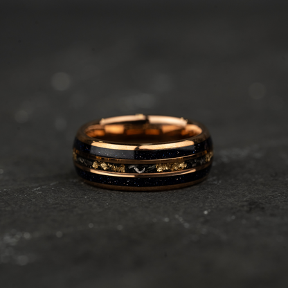 BLUES NIGHTS - Blue Opal Meteorite Tungsten Ring, 24K Rose Gold Leaf Inlay Mens Wedding Band