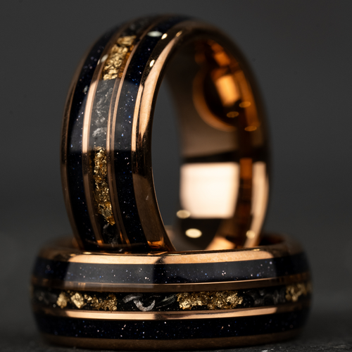 BLUES NIGHTS - Blue Opal Meteorite Tungsten Ring, 24K Rose Gold Leaf Inlay Mens Wedding Band