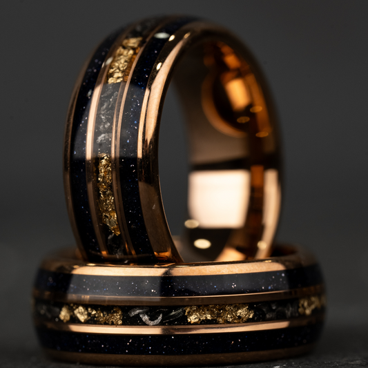 BLUES NIGHTS - Blue Opal Meteorite Tungsten Ring, 24K Rose Gold Leaf Inlay Mens Wedding Band