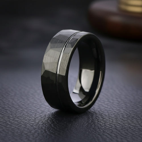 Nocturne Facet - Hammered Tungsten Wedding Ring