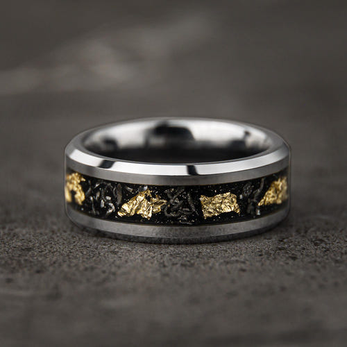 SKYLEAF Type 1 - Meteorite Gold Tungsten Leaf Flakes Wedding Band