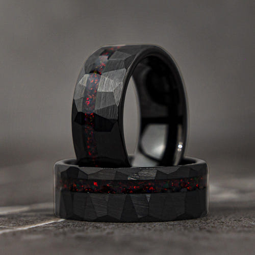 HAMMER RED - Black & Red Opal Hammered Wedding Band