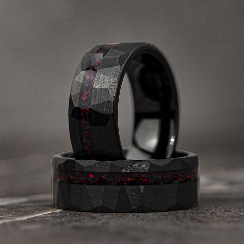 HAMMER RED - Black & Red Opal Hammered Wedding Band
