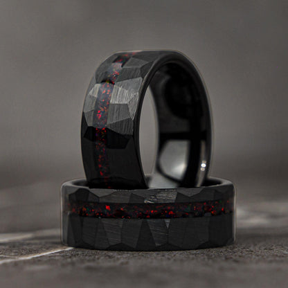 HAMMER RED - Black & Red Opal Hammered Wedding Band