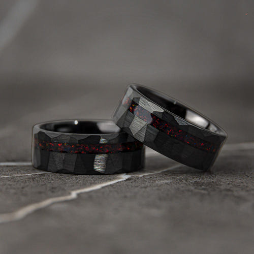 HAMMER RED - Black & Red Opal Hammered Wedding Band